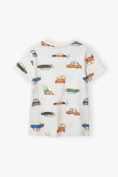 White cotton T-shirt for a boy with cars on it