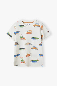 White cotton T-shirt for a boy with cars on it