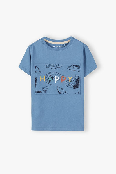 A cotton boy's t-shirt with a HAPPY fabric appliqué