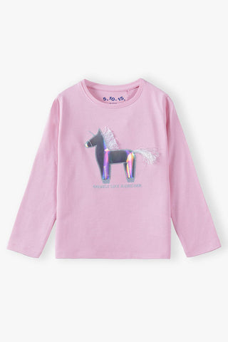 Cotton pink girl's blouse with a silver unicorn
