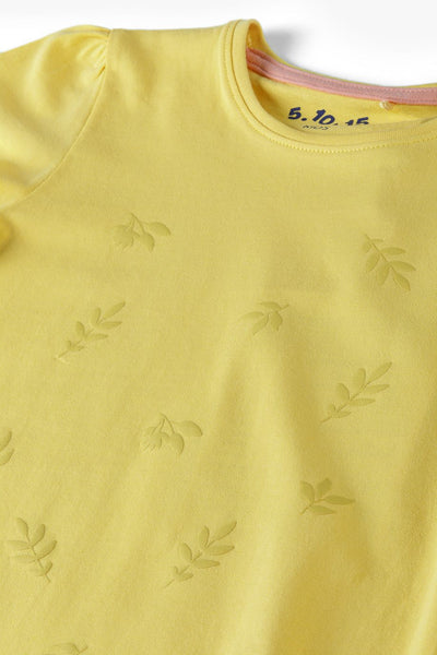 Girls' yellow cotton t-shirt with leaves