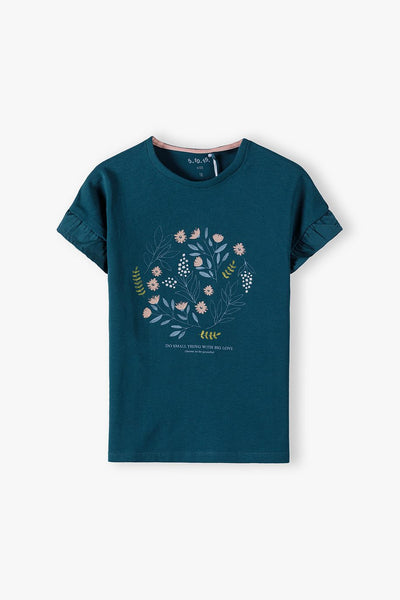 Cotton navy blue girls' t-shirt decorated with flowers