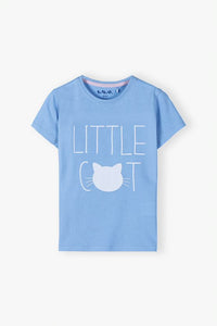 Knitted sweatshirt with short sleeves - blue with a kitten