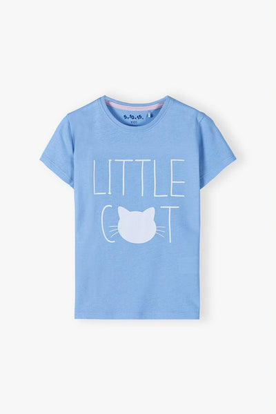 Knitted sweatshirt with short sleeves - blue with a kitten