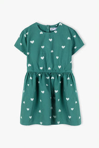 Cotton dress fastened with buttons - green with hearts