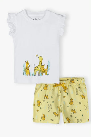 Two-piece girls' pajamas - printed T-shirt and patterned short pants