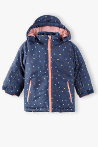 Girls' navy blue ski jacket with colourful dots