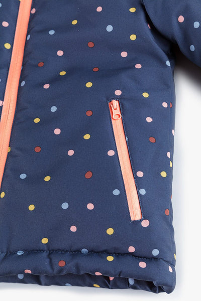 Girls' navy blue ski jacket with colourful dots