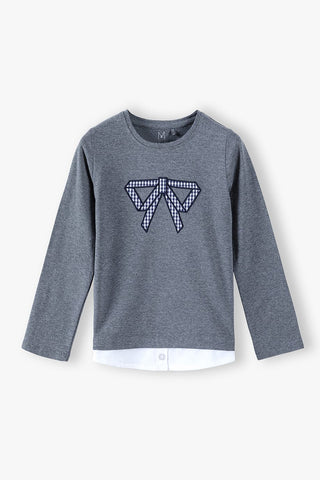 Girls' grey blouse with long sleeves and a decorative bow
