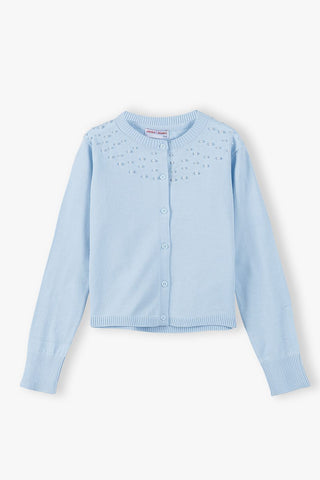 Big Girls' sweater fastened with buttons - blue with pearls
