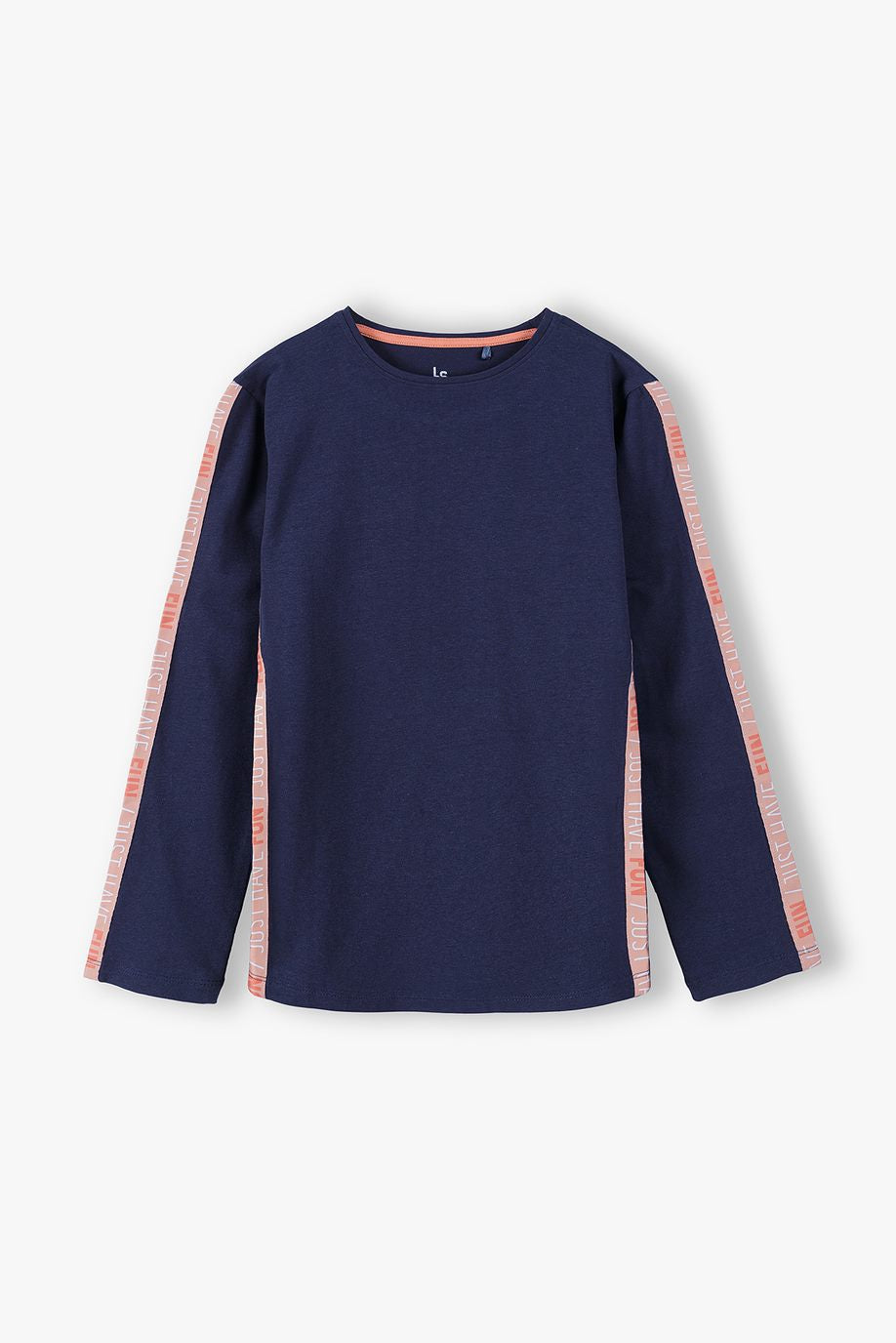 Navy blue long-sleeved blouse with pink stripes