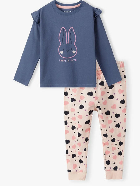 Two-piece pajamas for a girl - blouse with long sleeves + long pants with bunnies - colorful