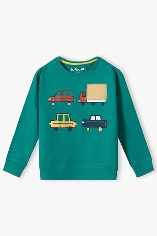 Green sweater with cars