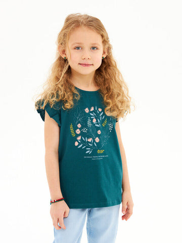 Cotton navy blue girls' t-shirt decorated with flowers
