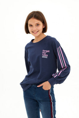 Girls' navy blue pants with stripes