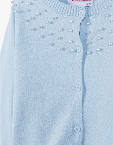 Big Girls' sweater fastened with buttons - blue with pearls